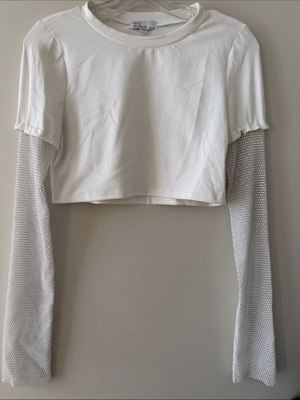 Hot & Delicious White Crop Top with Silver Mesh Sleeves